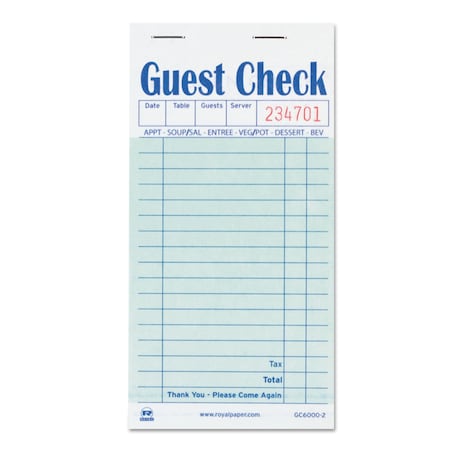 Amercareroyal Guest Check Book, Carbon Duplicate, 3 1/2 x 6 7/10, PK2500 RPP GC6000-2